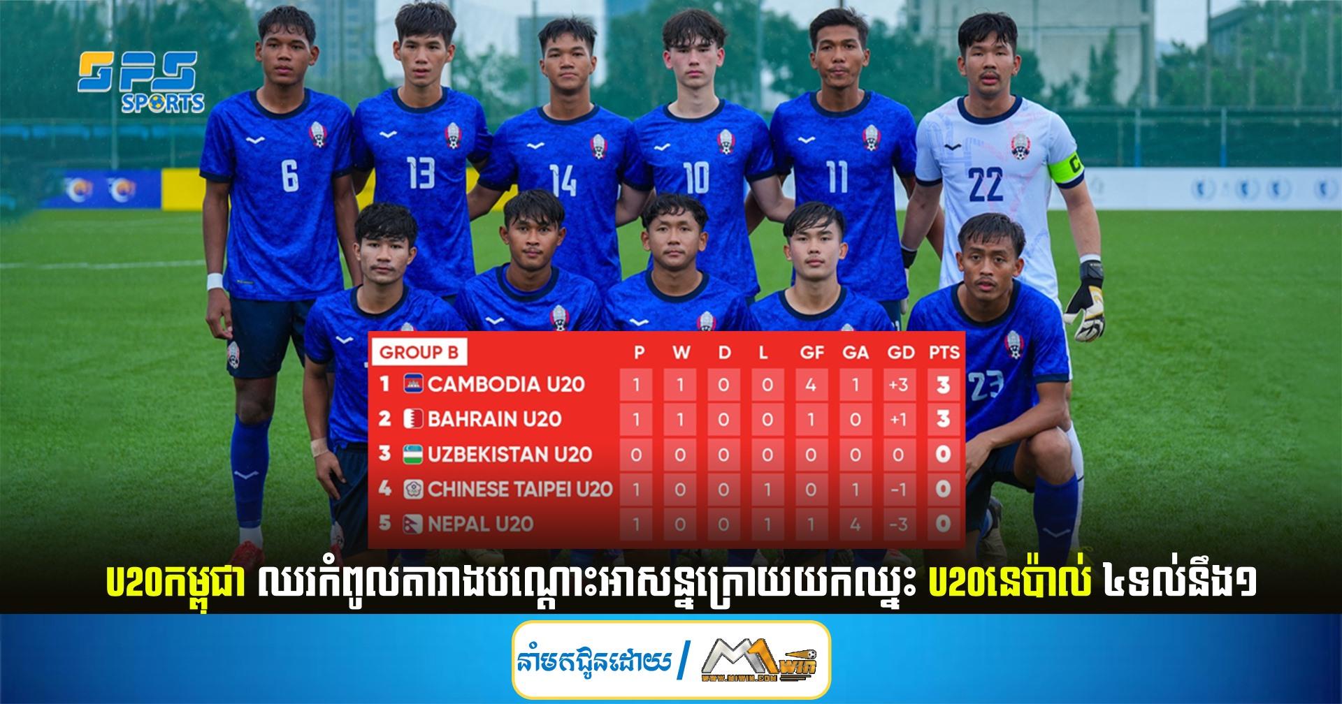 U20 កម្ពុជាឈរកំពូលតារាងបណ្ដោះអាសន្នក្រោយយកឈ្នះ U20 នេប៉ាល់ ៤ទល់នឹង១